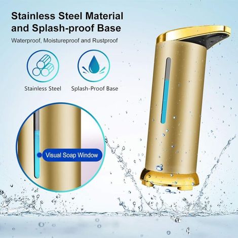 Dispensador automático de jabón de acero inoxidable, dispensador de desinfectante sin contacto con sensor infrarrojo, interruptor ajustable y base impermeable (oro mate). (1/3)