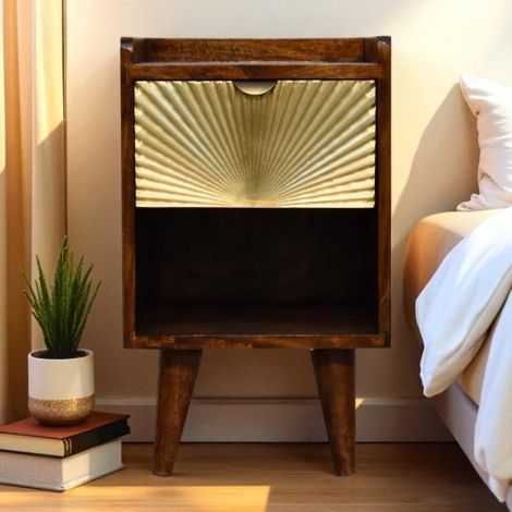Dark Brown Solid Wood Mini Manila Gold Bedside Table with 1 Drawer and Open Slot for Stylish Bedroom Storage