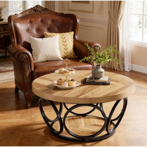 Table basse ronde en bois et métal marron et noir, 2 niveaux de rangement, Ø 80 cm (1/5)