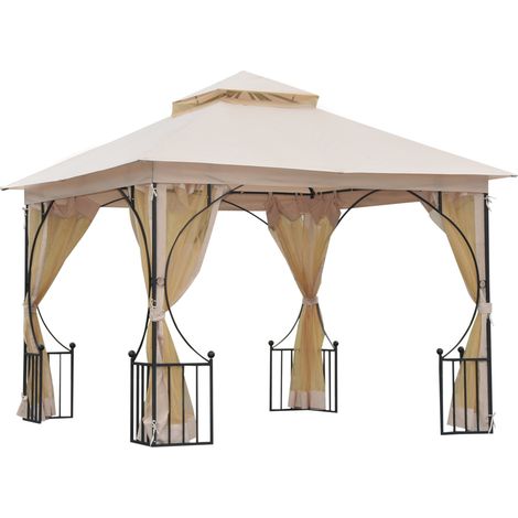 Pavillon/tente de jardin, matériel de fixation inclus, résistant aux intempéries, 295 cm x 295 cm x 275 cm. Beige et noir.