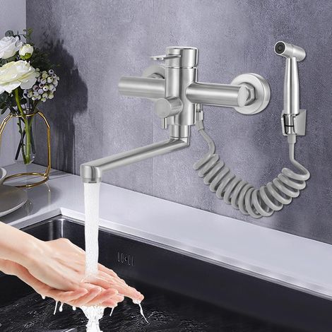 Wandmontage Wandarmatur für Küche Edelstahl Wasserhahn mit Spritzpistole 360° drehbar Küchenarmatur Wandmontage Waschbeckenarmatur Einhebelmischer Einstellbarer Wasserauslassmodus