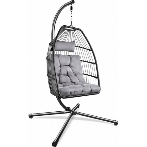 Poltrona Da Giardino Sospesa In Metallo E Rattan Con Cuscino Incluso Sedia A Dondolo Ideale Per Balcone E Terrazzo Arredo Da Esterno Design Moderno 107 x 98 x 202 Cm Grigio (1/5)