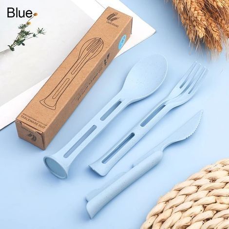 3pcs / set 3 en 1 Voyage Portable Couverts Ensemble Japon Style Paille De Blé Couteau Fourchette Cuillère Étudiant Vaisselle Ensembles Cuisine Vaisselle Bleu (1/3)