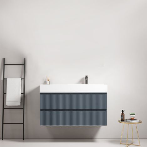 Mobile bagno sospeso cannettato 100 cm Blu Mare Lavabo a Destra in Resina Senza Specchio - Fiji Paint (1/4)
