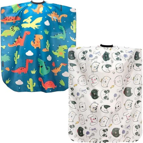 Capa de peluquería infantil de 2 piezas, capas de peluquería para cortes de pelo infantiles, delantal de peluquería, capa de barbero para estudio y hogar, diseño de dibujos animados (dinosaurio + gato
