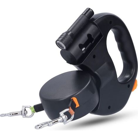 Laisse double pour 2 chiens, rétractable, pour chiens jusqu'à 25 kg, en nylon résistant extensible jusqu'à 3 m, avec coutures réfléchissantes lumineuses, anti-nœuds à 360°. (1/5)