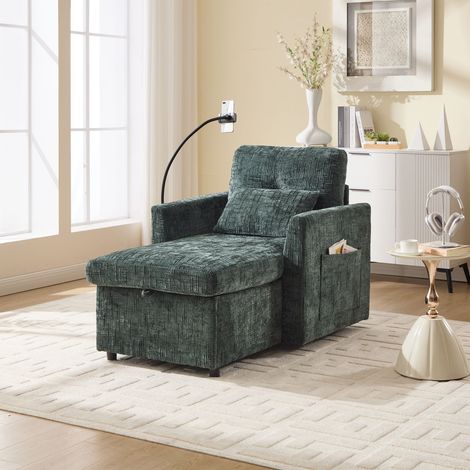 Modernes Schlafsessel, Relaxsessel mit Stauraum, Handyhalter Einzelsitzer-Sofa für Wohnzimmer Schlafzimmer – Chenille-Stoff – Grün
