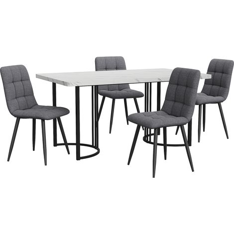 Set da pranzo 5 pezzi con tavolo 140x80 cm MDF bianco e 4 sedie in lino grigio scuro con gambe in metallo nero (1/5)
