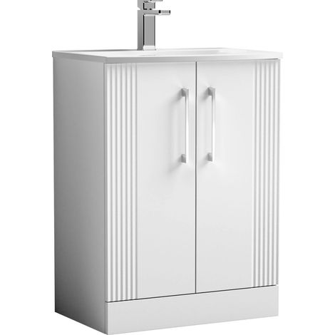 Belvide Partial Fluted 2 Door Floor Standing Vanity Unit with 1 Tap Hole Curved Basin- 600mm - Satin White (1/4)