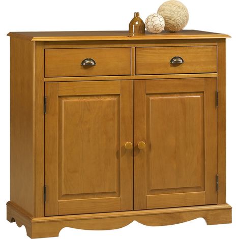 Beaux Meubles Pas Chers – Buffet pin massif miel 2 portes 2 tiroirs – Style anglais – Dimensions L 101 x H 90 x P 42 cm – Tablette réglable – Poignées métal et bois (1/5)