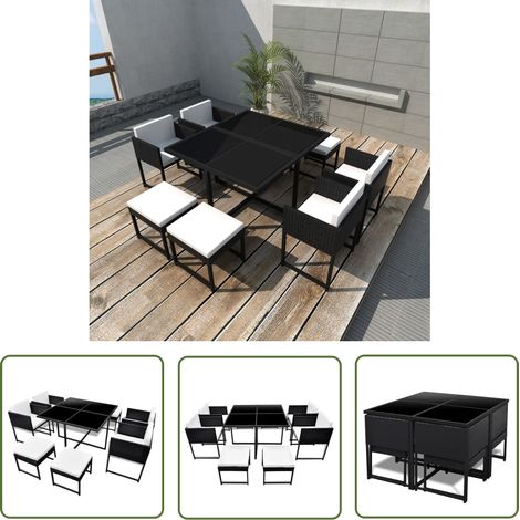 The Living Store Ensemble à manger d'extérieur 9pcs coussins Résine tressée Noir - Salon De Jardin - Meubles De Jardin - Set De Repas Extérieur - Table De Jardin - Chaises De Jardin (1/5)