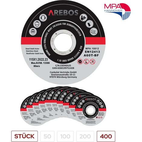 Arebos Trennscheiben Ø 115 mm, 400 Stück geeignet für Stahl, Edelstahl, Inox, Eisen, Blech, Metall Vor- und Rücklauf EN 12413 vom Materialprüfungsamt (MPA) zertifiziert (1/5)