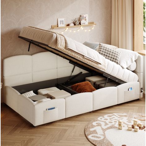 DESVIAE Lit coffre une place canapé lit avec rangement hydraulique ports USB A et USB C poches de rangement tissu bouclé beige 90 x 200 cm avec sommier à lattes (1/5)