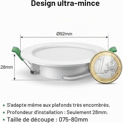 Spot LED Encastrable, 4W, Blanc Chaud 3000K, 339lm, Plafonnier Encastré Intérieur 230V, Trou de perçage Ø75-80mm (1/4)