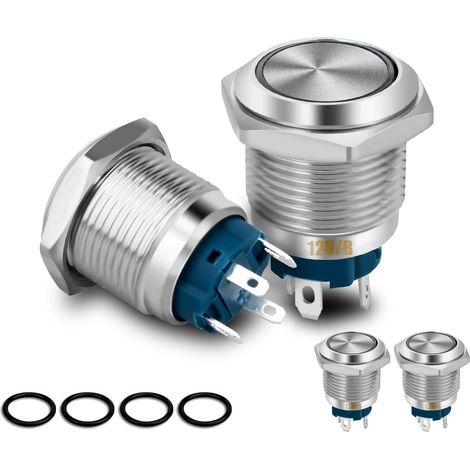 4 Pcs Interrupteur Bouton Poussoir Etanche 12V SPST ON/OFF pour Trou de Montage 16mm 4 Pin Métallique Interrupteur à Verrouillage avec Anneau Lumineux LED Bleu (1/5)