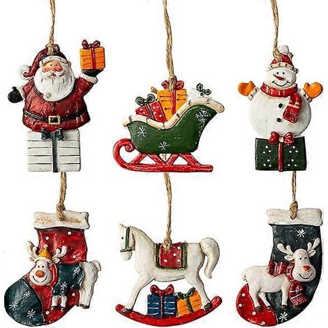 Lot de 6 décorations de Noël en résine pour sapin : Père Noël, bonhomme de neige, chaussette de Noël et traîneau. Décorations de Noël à suspendre pour les fêtes. (1/5)