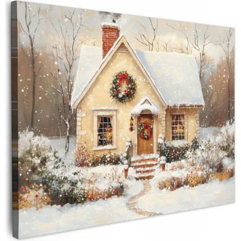 TABLEAU SUR TOILE Noël - Maison - Hiver - Neige Décoration Murale 40x30 cm