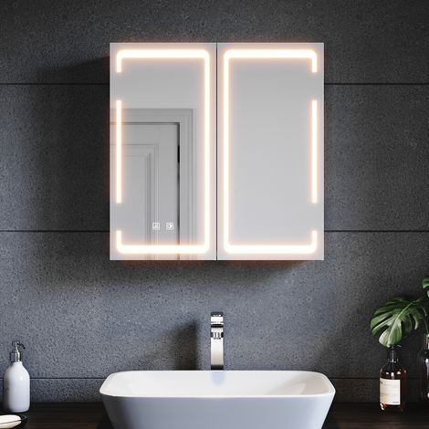 SONNI Badspiegel mit Beleuchtung 3 Lichtfarbe Einstellbarn, Spiegelschrank Bad mit Beschlagfrei LED Badezimmerschrank mit Kabelloses Scharnier Design Medizinschrank 59 x 60 cm