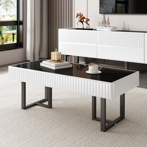 Table basse moderne noir et blanc, plateau effet brillant, meuble salon avec structure métal, 110 x 50,5 x 41 cm (1/5)