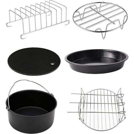 Ensemble de 6 Accessoires pour Friteuse à Air 20 Cm Plaque de Cuisson, Grille, Plateau à Pizza en Acier Inoxydable, Ustensiles Cuisine Résistants, Kit Cuisson Polyvalent pour Four (1/5)
