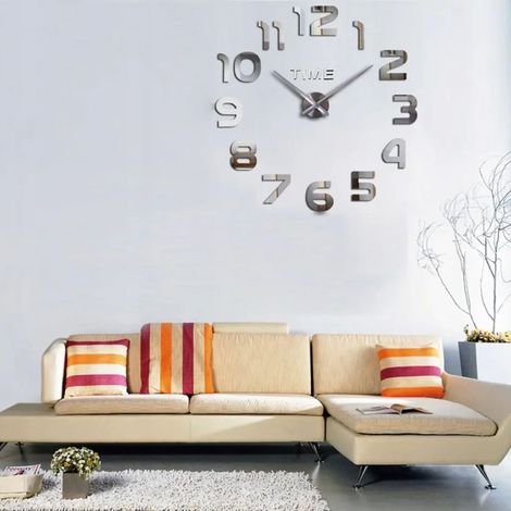 Horloge murale 3D, grande horloge silencieuse, décoration murale moderne, cadeau décoratif pour la maison, le bureau ou le salon (à faire soi-même) - Argent