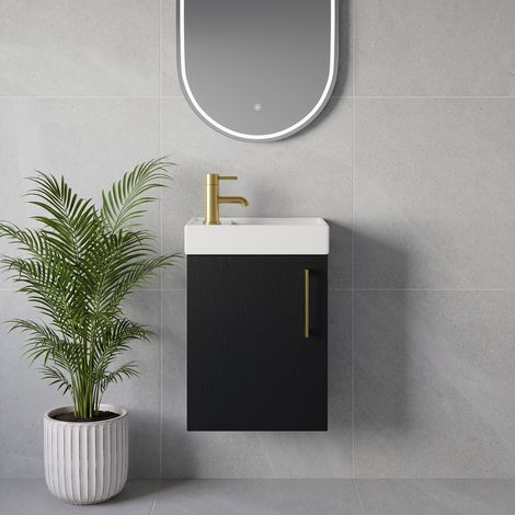 Napoli Cube Nero Oak 400mm Wall Mounted Single Door Vanity Unit with Align Basin - 400mm - Brushed Brass 160mm Handle