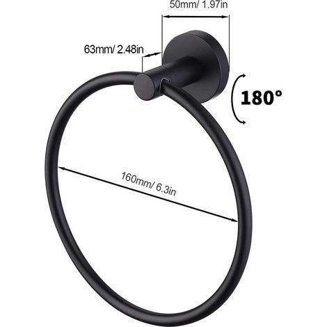 Toallero de pared, aro para toallas negro mate de acero inoxidable 304, soporte redondo para toallas para baño y cocina (negro). (1/5)