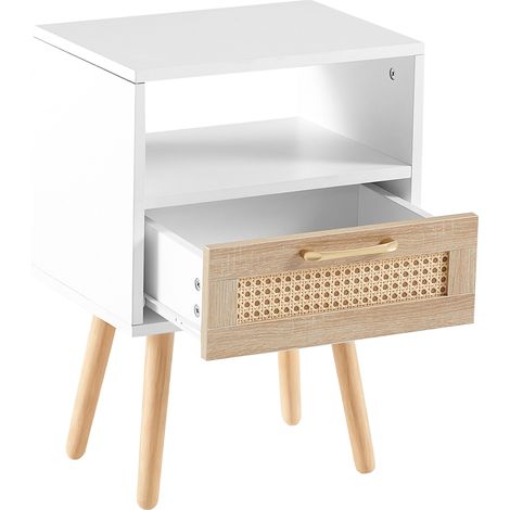 Mesita de noche de ratán con cajón, MDF blanco y patas de madera, 40 x 30 x 56 cm (1/5)