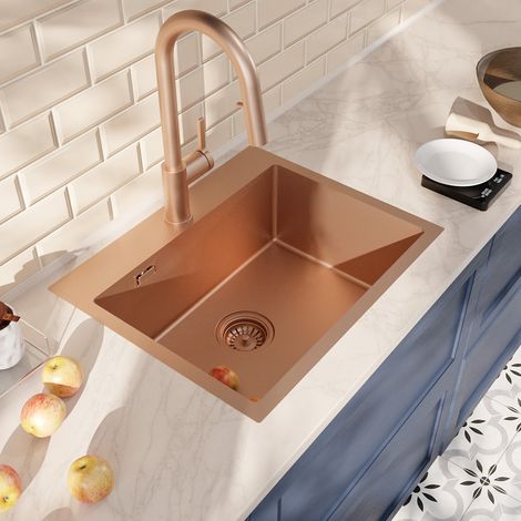 Ceramia Timeless 68x45x21 cm lavello da incasso + miscelatore in acciaio inox con doccetta estraibile, rame spazzolato (1/4)