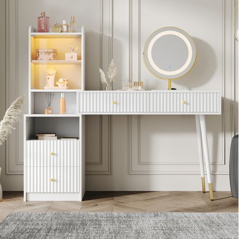 Tocador 100x40x125 cm en paneles de madera blanca, con almacenamiento para dormitorio FloraGrace (1/5)
