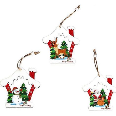Lot de 3 décorations de Noël en bois en forme de maison, avec motif Père Noël et bonhomme de neige, à suspendre pour les fêtes de Noël. (1/5)