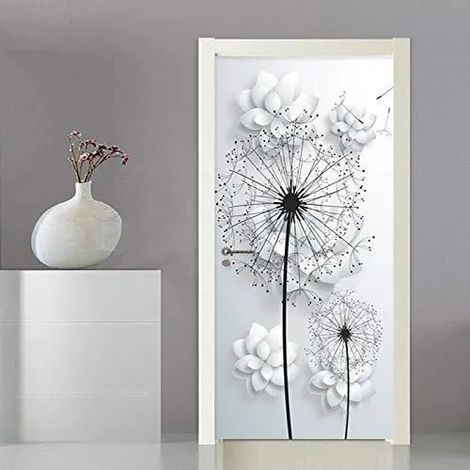 Stickers 3D Porte Poster Fleurs Blanches Créatif Papier Peint Porte Trompe l'oeil pour Chambre Salon Décoration De Maison 77X200Cm (1/4)