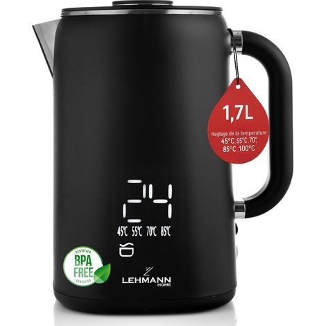Bouilloire Electrique Inox 1,7L, Température réglable 45-100°C, Ebullition Rapide, Maintien au Chaud, Double Paroi, Écran Tactile, sans BPA, idéale pour Famille et Bureau, Noir Mat (1/5)