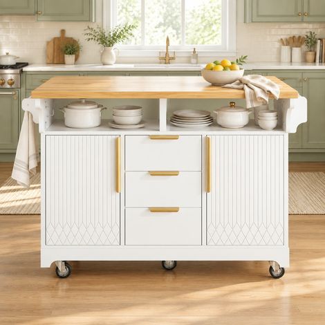 Isola cucina mobile 120x40x95 cm in MDF bianco con piano ribaltabile - MEUBLIV (1/5)