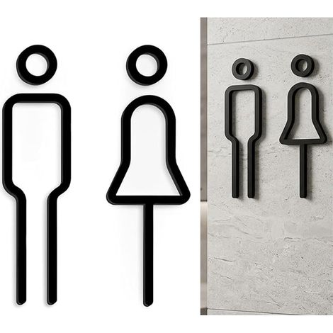 Plaque de porte de toilette, noire, autoadhésive, en acrylique, avec symbole homme et femme, pour salle de bain d'invités, pour homme et femme (1/5)