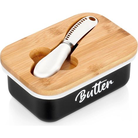 Black Metal Butter Dish with Bamboo Lid and Knife (1/5)