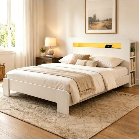 Letto moderno in legno bianco 140x200 cm con testiera contenitore, LED e prese integrate