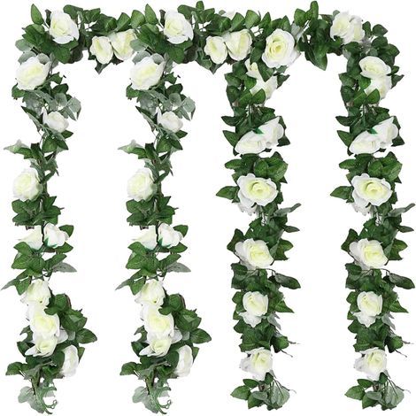 Artificial Rose Vine Flower Garland Wedding Decoration, 4 Pcs Silk Flower Decoration Fake Plant Hanging Floral for Party Garden Home Arch Ceremony Outdoor Wall (White) (1/5)
