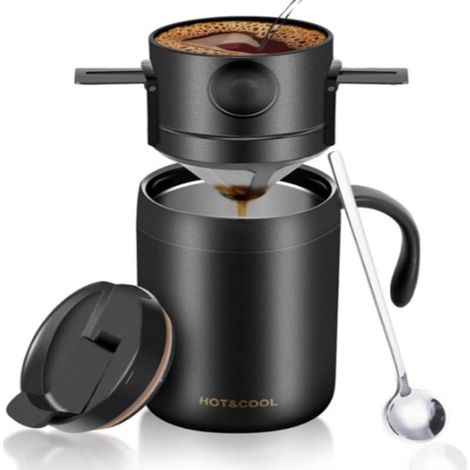 Ensemble de cafetière portable (comprenant une tasse et un filtre à café en acier inoxydable, idéal pour les voyages, le camping, le bureau et les randonnées) noir (1/5)