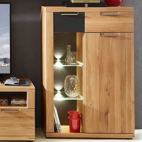 Commode Blanka 80cm 1 porte &amp 2 tiroirs - chêne/anthracite
