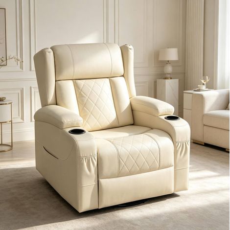 Sillón relax giratorio de polipiel PU beige 87x94,5x103,5 cm con reposapiés - MEUBLIV (1/5)