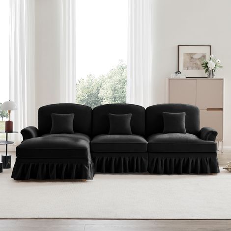 Modulares 3-Sitzer-Ecksofa, Chenille-Stoff, Mid-Century-Modern-Stil, Rüschenrock und abnehmbare Fußstütze, Länge 272 cm, Schwarz