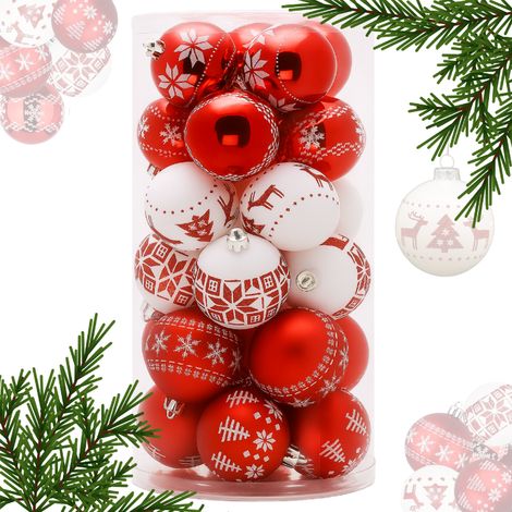 JUEGO DE BOLAS DE PL脕STICO PARA 脕RBOL DE NAVIDAD, BLANCAS Y ROJAS, IRREGULARES, 24x