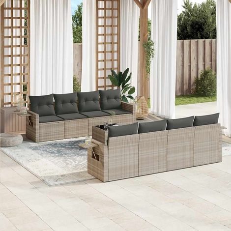 Set muebles jardín 9 pzas y cojines ratán sintético gris claro vidaXL (1/5)