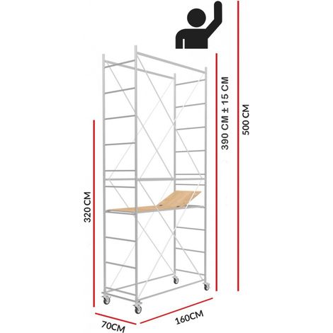 Scedil – Échafaudage 5m – Acier galvanisé électrolytique – 160 x 70 cm – 4 roues avec freins – Charge maximale 200kg