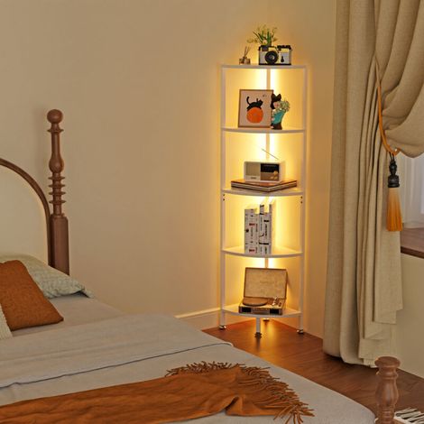 – Étagère murale d'angle 5 étagères – Éclairage LED 16 couleurs – Structure en bois blanc et métal – Support compact pour salon, chambre, cuisine – 140 cm (1/5)