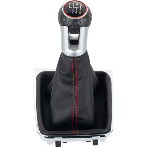 Dieses Set beinhaltet eine Staubschutzhülle für den Schaltknauf (Leder mit roten Ziernähten) und einen 6-Gang-GTI-Schaltknauf, passend für Volkswagen Golf Fahrzeuge. (1/4)