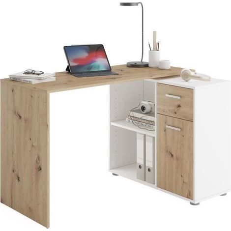 Bureau d'angle avec rangements Albrecht - Mélaminé chene et blanc - L83 x H74 x P117 cm (1/5)