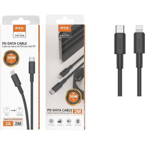 Cable datos Type-C a Lightning Iphone TB1326 / 2 m / 3a / 30W / Carga Rapida PD / Negro / MTK / 0153262