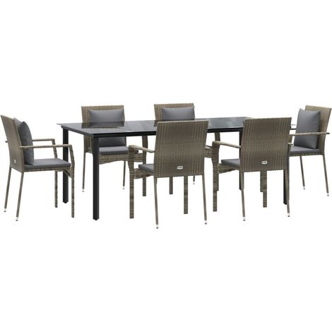 Set da pranzo da giardino in rattan nero e grigio da 7 pezzi con cuscini 020014909